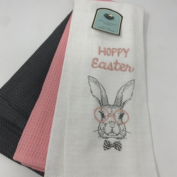 Farmhouse Easter Kitchen Towels Spring Holiday Bunny Rabbit Home Decor Pink Gray - Picture 6 of 6